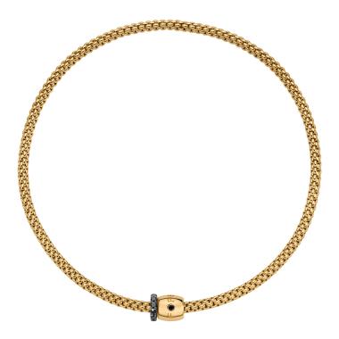Halsschmuck, Gelbgold, FOPE Solo Flex'it Halskette mit dekorativem Verschluss und schwarzem Diamantpavé
